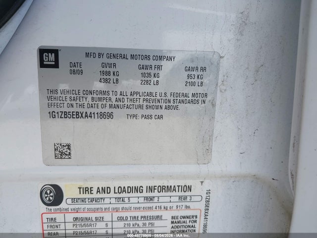 45778905 :رقم المزاد ، 1G1ZB5EBXA4118696 vin ، 2010 Chevrolet Malibu Ls مزاد بيع