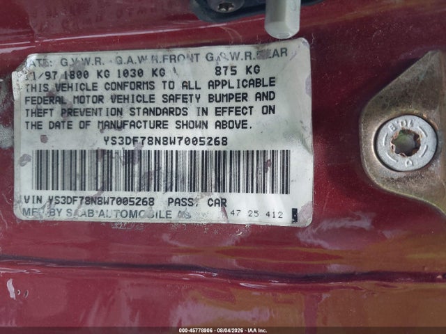 45778906 :رقم المزاد ، YS3DF78N8W7005268 vin ، 1998 Saab 900 Se مزاد بيع