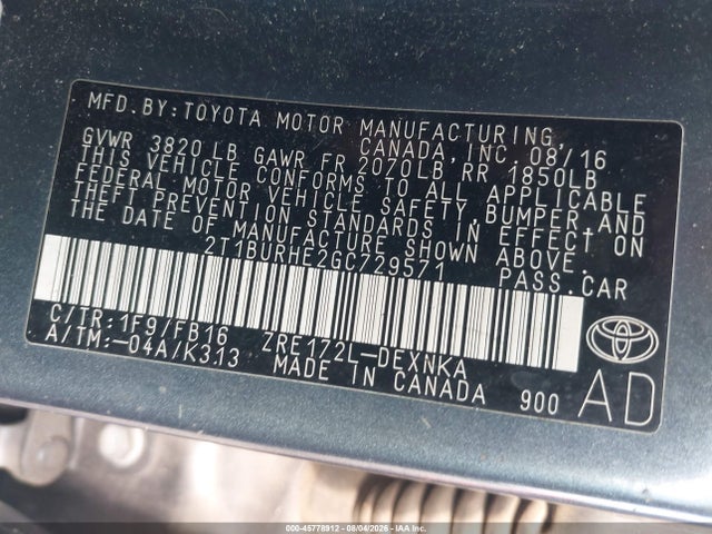 45778912 :رقم المزاد ، 2T1BURHE2GC729571 vin ، 2016 Toyota Corolla Le مزاد بيع