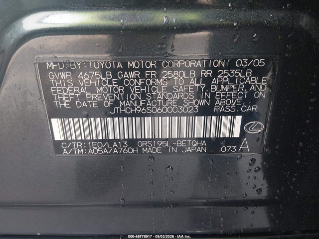 Продаж на аукціоні авто 2006 Lexus Gs 300, vin: JTHCH96S060003023, номер лоту: 45778917