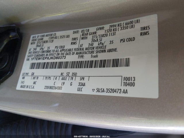 45778936 :رقم المزاد ، 1FTEW1EPXJKD80373 vin ، 2018 Ford F-150 Xlt مزاد بيع