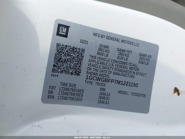 45778938 :رقم المزاد ، 1GCWGBFP7M1221150 vin ، 2021 Chevrolet Express Cargo Rwd 2500 Extended Wheelbase Wt مزاد بيع
