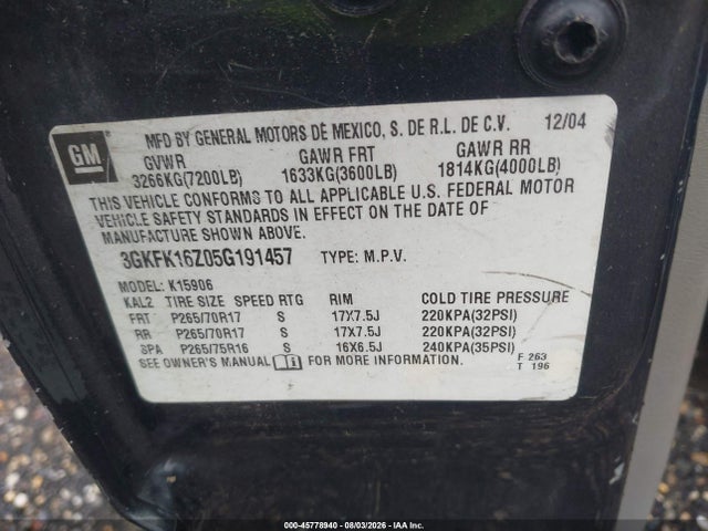 45778940 :رقم المزاد ، 3GKFK16Z05G191457 vin ، 2005 Gmc Yukon Xl K1500 مزاد بيع