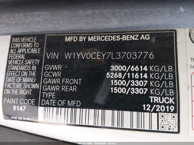 2020 Mercedes-benz Metris მანქანა იყიდება აუქციონზე, vin: W1YV0CEY7L3703776, აუქციონის ნომერი: 45778954
