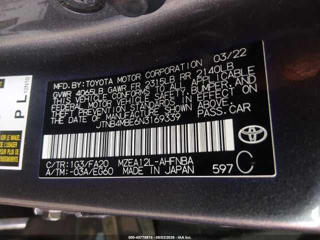 45778974 :رقم المزاد ، JTNB4MBE6N3169339 vin ، 2022 Toyota Corolla Se مزاد بيع