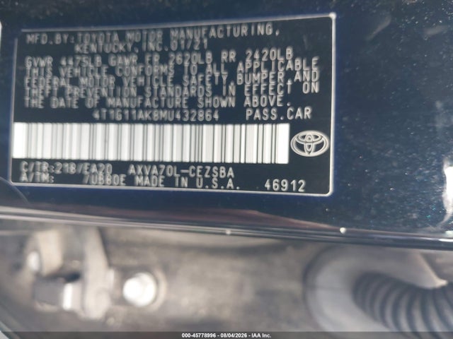 45778996 :رقم المزاد ، 4T1G11AK8MU432864 vin ، 2021 Toyota Camry Se مزاد بيع