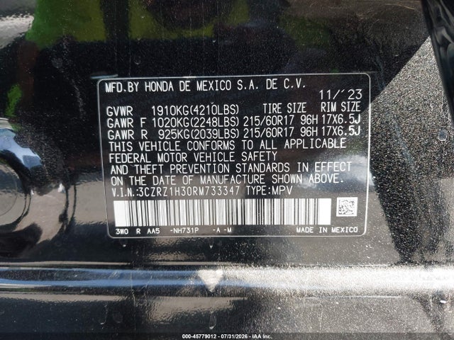 3CZRZ1H30RM733347 Honda Hr-v 2wd Lx