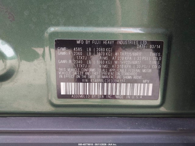 45779018 :رقم المزاد ، 4S4BRBLC3E3304327 vin ، 2014 Subaru Outback 2.5i Limited مزاد بيع
