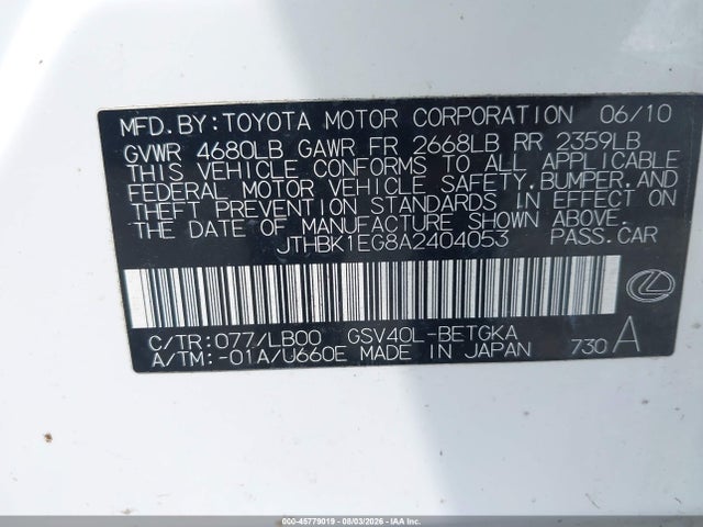 Aukcja sprzedaży 2010 Lexus Es 350, vin: JTHBK1EG8A2404053, numer aukcji: 45779019