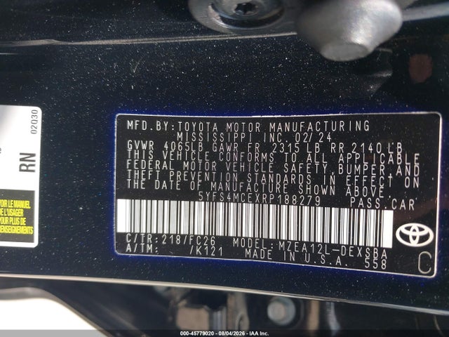 Продаж на аукціоні авто 2024 Toyota Corolla Se, vin: 5YFS4MCEXRP188279, номер лоту: 45779020