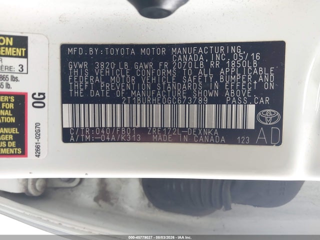 Продаж на аукціоні авто 2016 Toyota Corolla Le, vin: 2T1BURHE0GC673789, номер лоту: 45779027