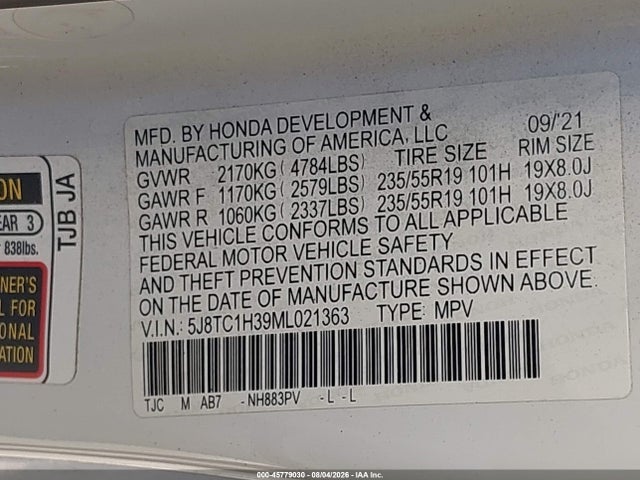 Продаж на аукціоні авто 2021 Acura Rdx Standard, vin: 5J8TC1H39ML021363, номер лоту: 45779030