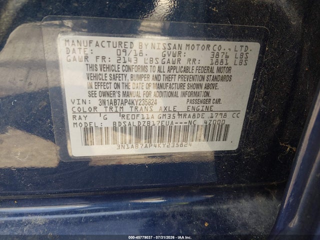 45779037 :رقم المزاد ، 3N1AB7AP4KY235824 vin ، 2019 Nissan Sentra Sv مزاد بيع