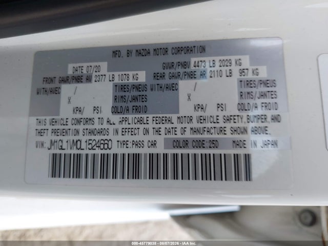 45779038 :رقم المزاد ، JM1GL1VM0L1524660 vin ، 2020 Mazda Mazda6 Touring مزاد بيع