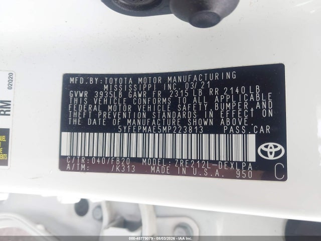Продаж на аукціоні авто 2021 Toyota Corolla Le, vin: 5YFEPMAE5MP223813, номер лоту: 45779079
