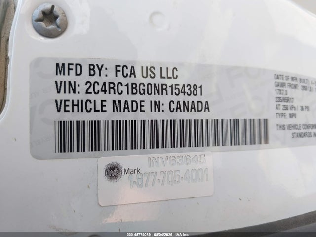 Aukcja sprzedaży 2022 Chrysler Pacifica Touring L, vin: 2C4RC1BG0NR154381, numer aukcji: 45779089