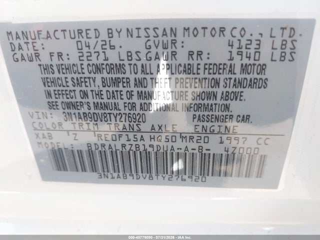 2026 Nissan Sentra Sr მანქანა იყიდება აუქციონზე, vin: 3N1AB9DV8TY276920, აუქციონის ნომერი: 45779090
