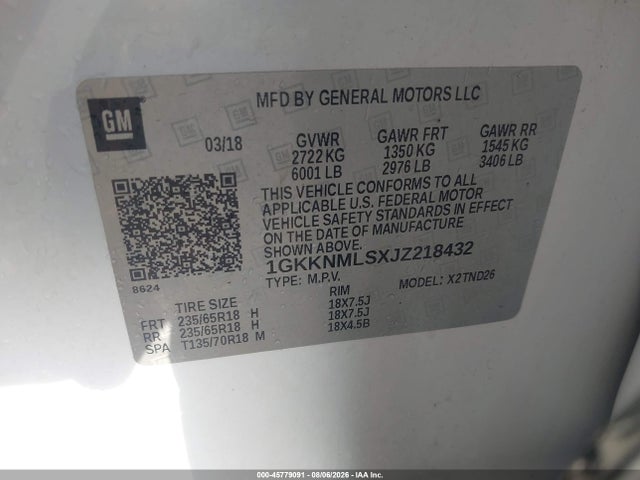 Aukcja sprzedaży 2018 Gmc Acadia Slt-1, vin: 1GKKNMLSXJZ218432, numer aukcji: 45779091