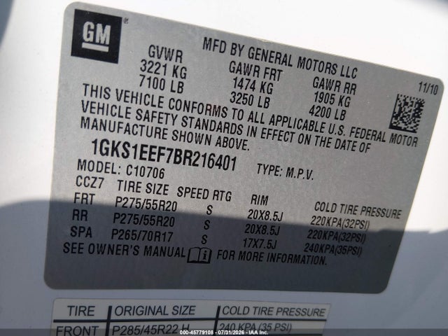 45779108 :رقم المزاد ، 1GKS1EEF7BR216401 vin ، 2011 Gmc Yukon Denali مزاد بيع