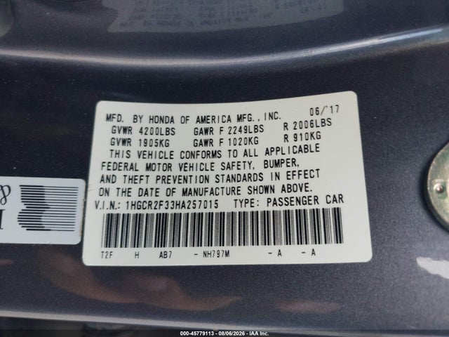 Aukcja sprzedaży 2017 Honda Accord Lx, vin: 1HGCR2F33HA257015, numer aukcji: 45779113