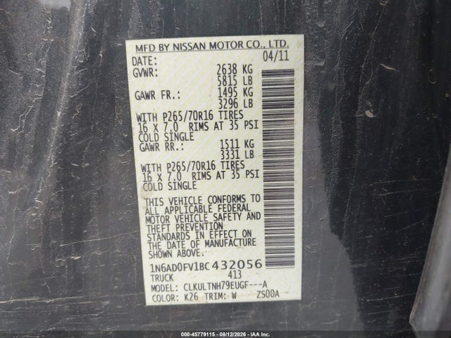 2011 Nissan Frontier Sv მანქანა იყიდება აუქციონზე, vin: 1N6AD0FV1BC432056, აუქციონის ნომერი: 45779115