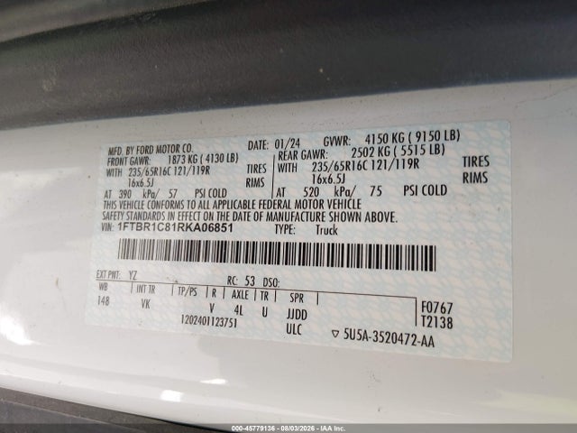 2024 Ford Transit-250 მანქანა იყიდება აუქციონზე, vin: 1FTBR1C81RKA06851, აუქციონის ნომერი: 45779136