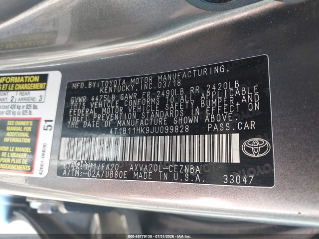 4T1B11HK9JU099828 Toyota CAMRY LE