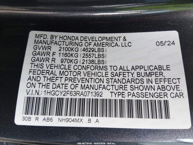 Aukcja sprzedaży 2024 Honda Accord Hybrid Ex-l, vin: 1HGCY2F63RA071392, numer aukcji: 45779143