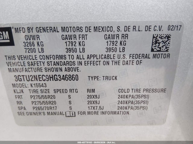 2017 Gmc Sierra 1500 Slt მანქანა იყიდება აუქციონზე, vin: 3GTU2NEC9HG346860, აუქციონის ნომერი: 45779163