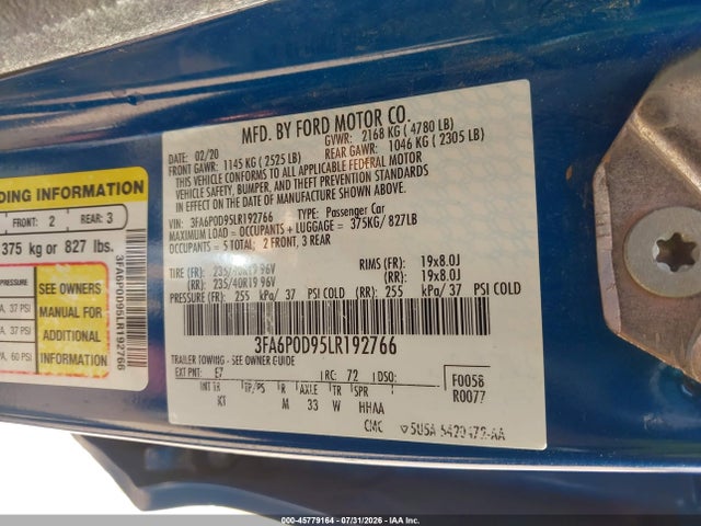 2020 Ford Fusion Titanium მანქანა იყიდება აუქციონზე, vin: 3FA6P0D95LR192766, აუქციონის ნომერი: 45779164