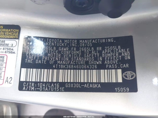 Aukcja sprzedaży 2006 Toyota Avalon Xl/xls/touring/limited, vin: 4T1BK36B46U064326, numer aukcji: 45779166