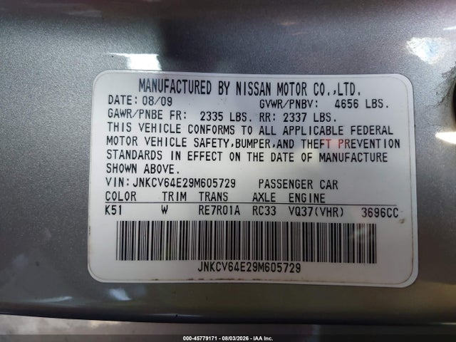 45779171 :رقم المزاد ، JNKCV64E29M605729 vin ، 2009 Infiniti G37 Journey مزاد بيع