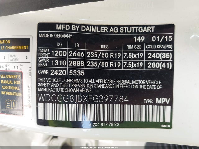 45779179 :رقم المزاد ، WDCGG8JBXFG397784 vin ، 2015 Mercedes-benz Glk 350 4matic مزاد بيع