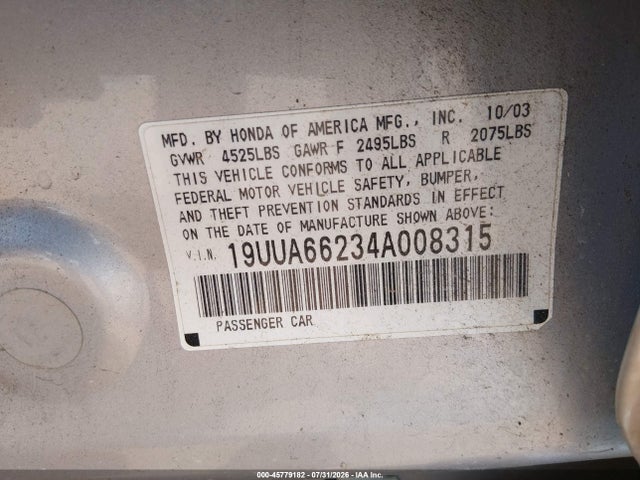 45779182 :رقم المزاد ، 19UUA66234A008315 vin ، 2004 Acura Tl مزاد بيع