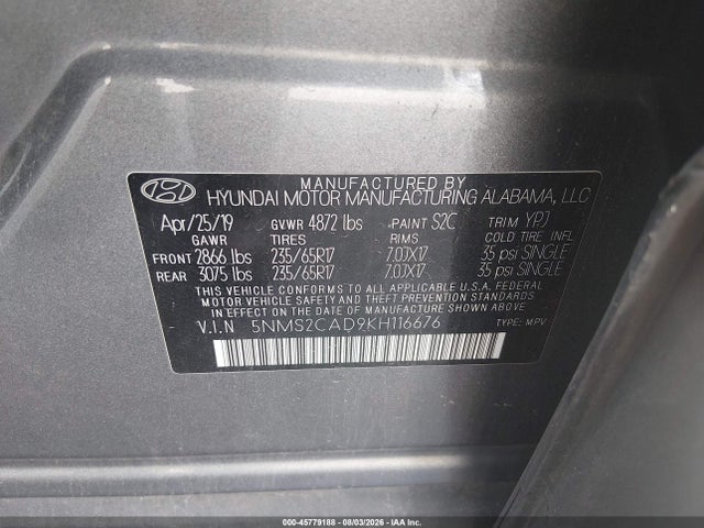 45779188 :رقم المزاد ، 5NMS2CAD9KH116676 vin ، 2019 Hyundai Santa Fe Se مزاد بيع