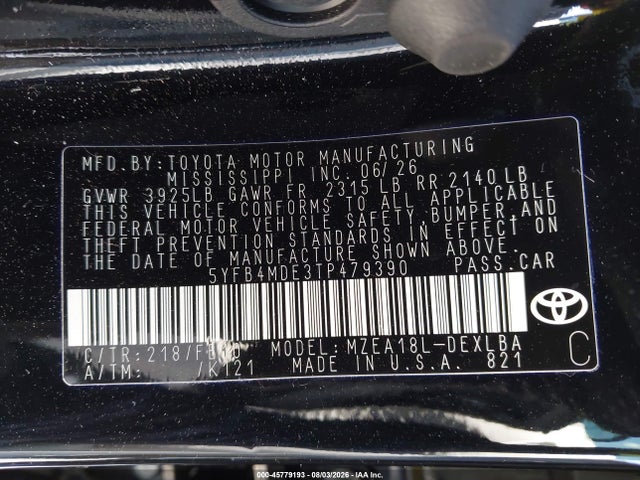 Продаж на аукціоні авто 2026 Toyota Corolla Le, vin: 5YFB4MDE3TP479390, номер лоту: 45779193