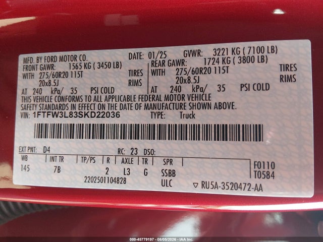 Aukcja sprzedaży 2025 Ford F-150 Xlt, vin: 1FTFW3L83SKD22036, numer aukcji: 45779197