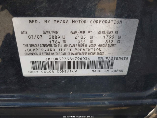 45779199 :رقم المزاد ، JM1BK323381796034 vin ، 2008 Mazda Mazda3 S Sport مزاد بيع
