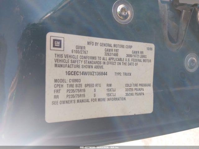 Aukcja sprzedaży 1997 Chevrolet C/k 1500 Work Fleetside W/t, vin: 1GCEC14W0VZ136844, numer aukcji: 45779225