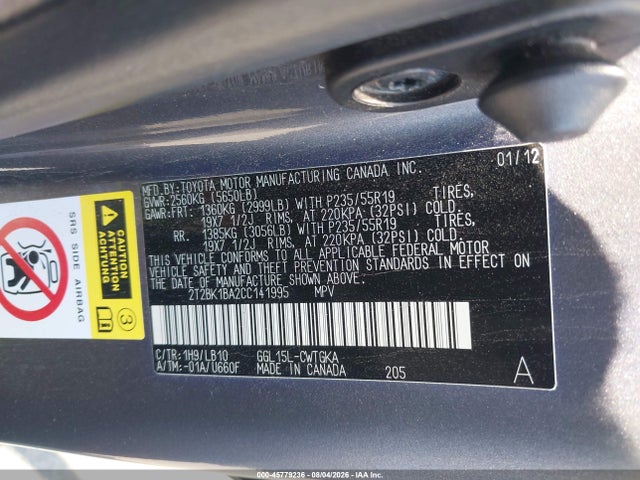 Aukcja sprzedaży 2012 Lexus Rx 350, vin: 2T2BK1BA2CC141995, numer aukcji: 45779236