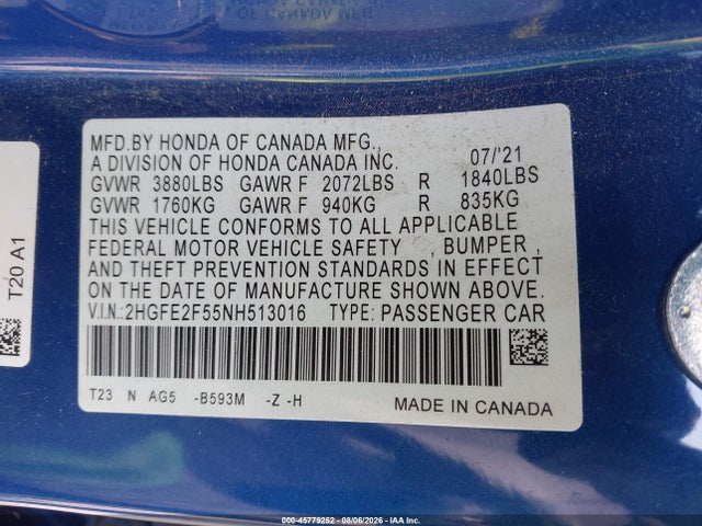 2HGFE2F55NH513016 Honda Civic Sport