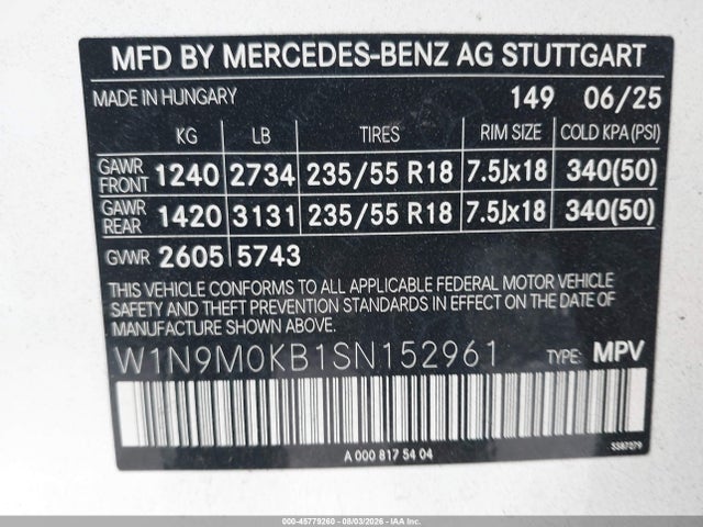 W1N9M0KB1SN152961 Mercedes-Benz Eqb 300 Suv 4matic
