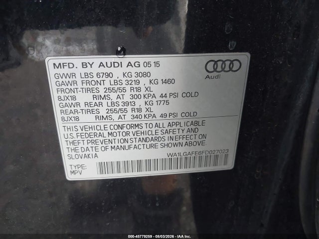 45779259 :رقم المزاد ، WA1LGAFE6FD027023 vin ، 2015 Audi Q7 3.0t Premium مزاد بيع