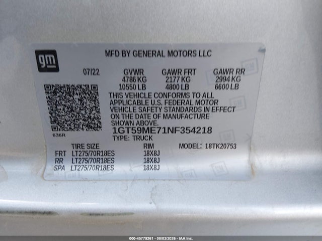 45779261 :رقم المزاد ، 1GT59ME71NF354218 vin ، 2022 Gmc Sierra 2500hd مزاد بيع
