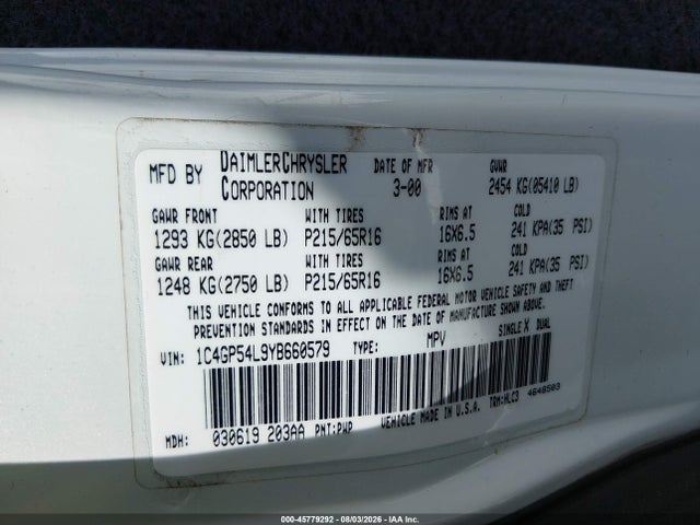 Продажа на аукционе авто 2000 Chrysler Town & Country Lxi, vin: 1C4GP54L9YB660579, номер лота: 45779292
