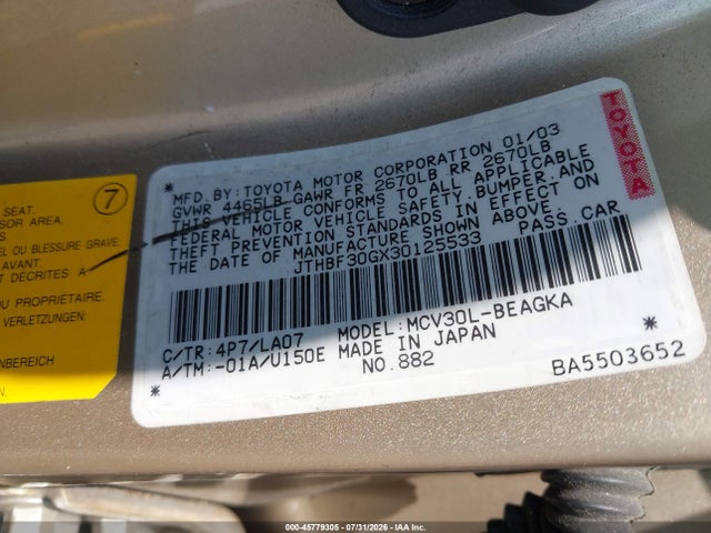 Продаж на аукціоні авто 2003 Lexus Es 300, vin: JTHBF30GX30125533, номер лоту: 45779305