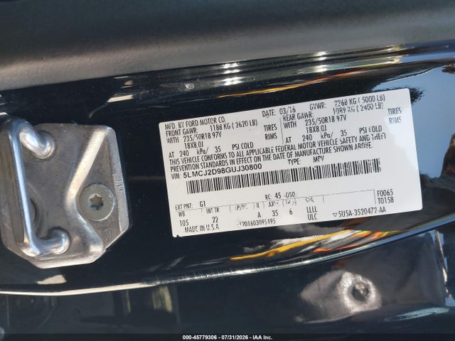 45779306 :رقم المزاد ، 5LMCJ2D98GUJ30800 vin ، 2016 Lincoln Mkc Select مزاد بيع