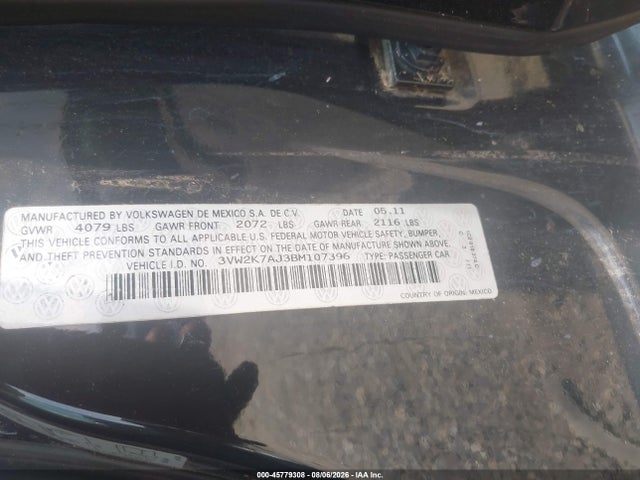 45779308 :رقم المزاد ، 3VW2K7AJ3BM107396 vin ، 2011 Volkswagen Jetta 2.0l S مزاد بيع