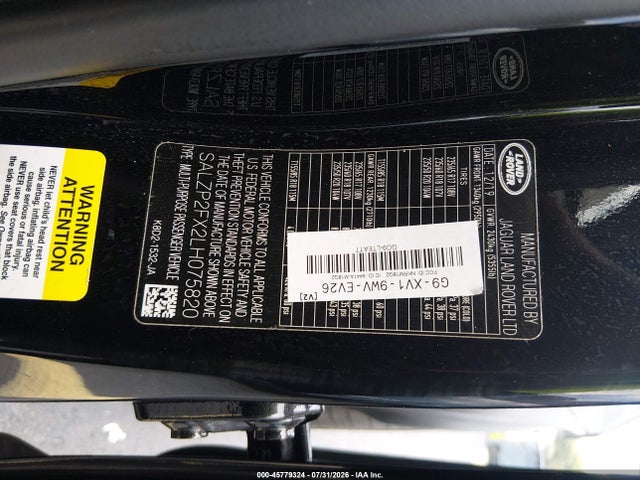 Auction sale of the 2020 Land Rover Range Rover Evoque Se, vin: SALZP2FX2LH075820, lot number: 45779324