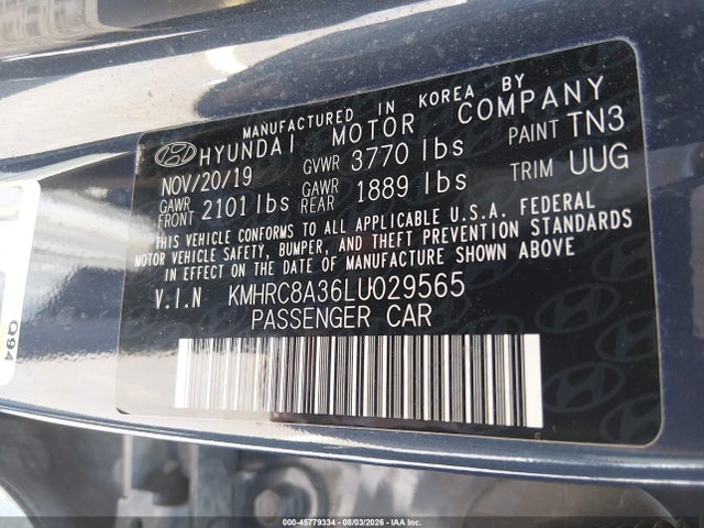 45779334 :رقم المزاد ، KMHRC8A36LU029565 vin ، 2020 Hyundai Venue Denim مزاد بيع